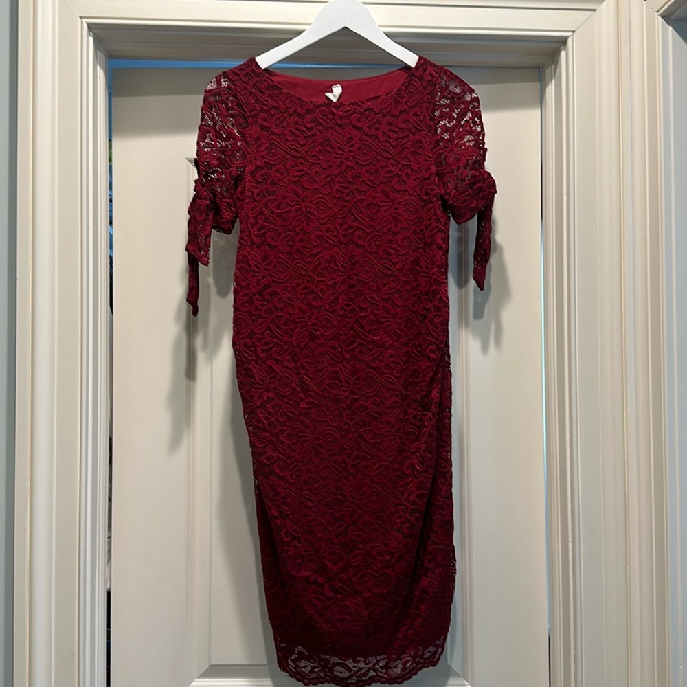 PinkBlush Burgundy Lace Overlay Sleeve Tie Fitted Maternity Dress